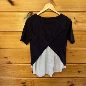 NWT-LOFT Navy Spotted Mixed Media Crossover Back Short Sleeve Sweater Top-XS